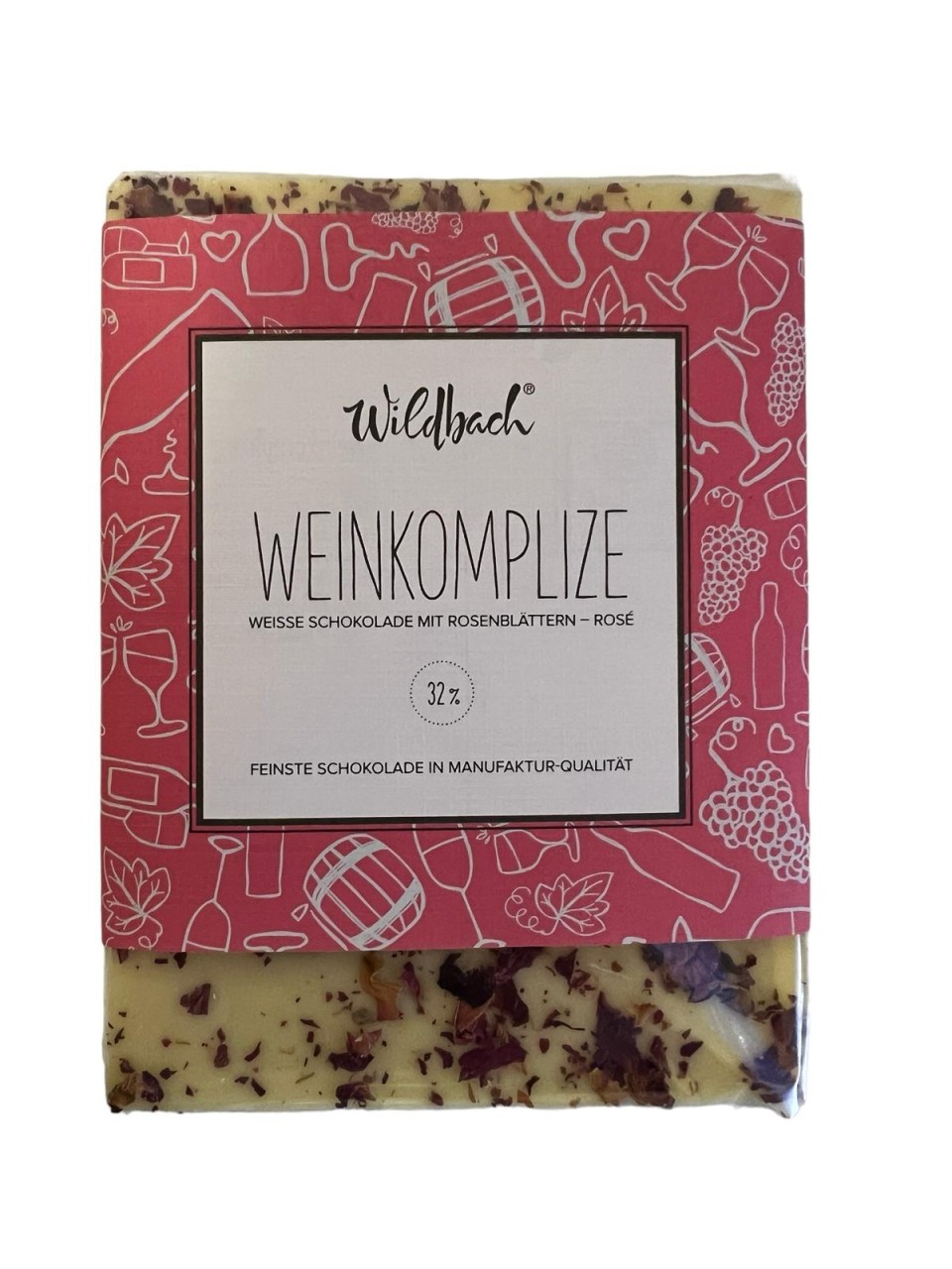 Weisse Schokolade mit Rosenblättern 32% 70g Wildbach Schokolade Weinkomplize