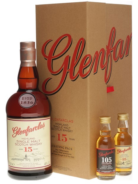 Glenfarclas 15 Jahre 0,7 Liter Tasting Pack mit 2 Miniaturen (25 Jahre + 105 Cask Strenght je 50ml)